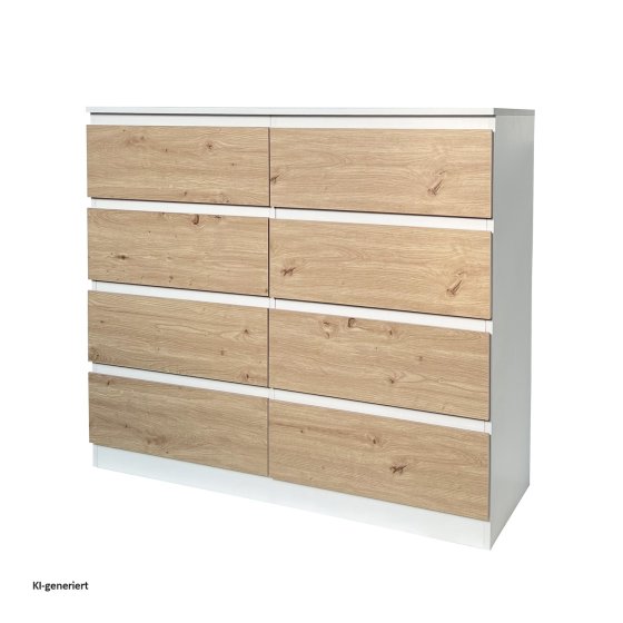 Moderne Kommode mit 8 grifflosen Schubladen Weiß-Artisaneiche 