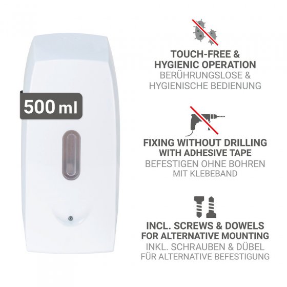 Seifenspender Mod. Tirano, weiß, Kunststoff, 0.5 l, mit Infrarot-Sensor, tropffrei 