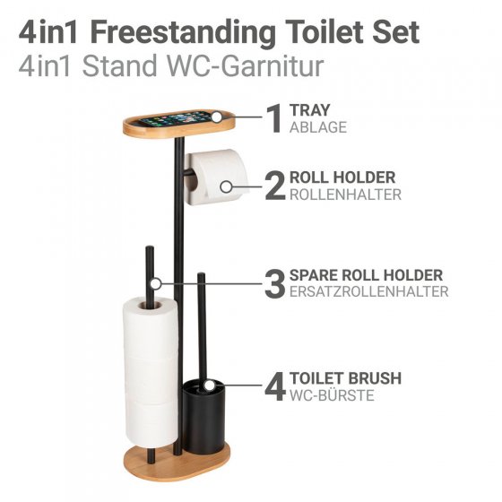 Stand WC-Garnitur Mod. Pomarolo, bambus, stahl, natur/schwarz, 25x70,5x17 cm, mit großer Ablagefläche 