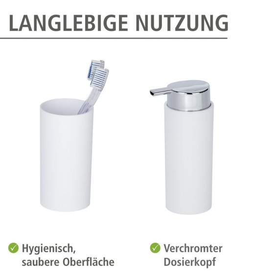 Bad Accessoire Set Mod. Calvo weiß matt, 4 tlg., Seifenspender, Zahnputzbecher, Toilettenbürste & Kosmetikeimer 