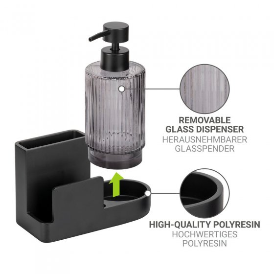 Spülorganizer Set, schwarz, Kunststoff/Glas, 16x17x7,5 cm, integrierter seifenspender aus glas 