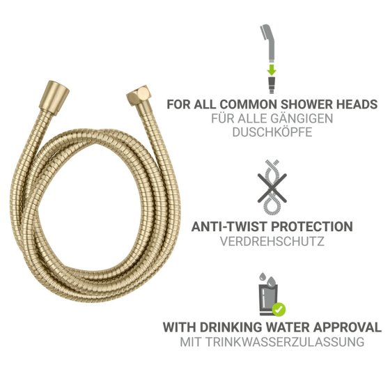 Edelstahl Duschschlauch Mod. Brass 150 cm Gold, 1/2" Standardanschluss, Verdrehschutz 