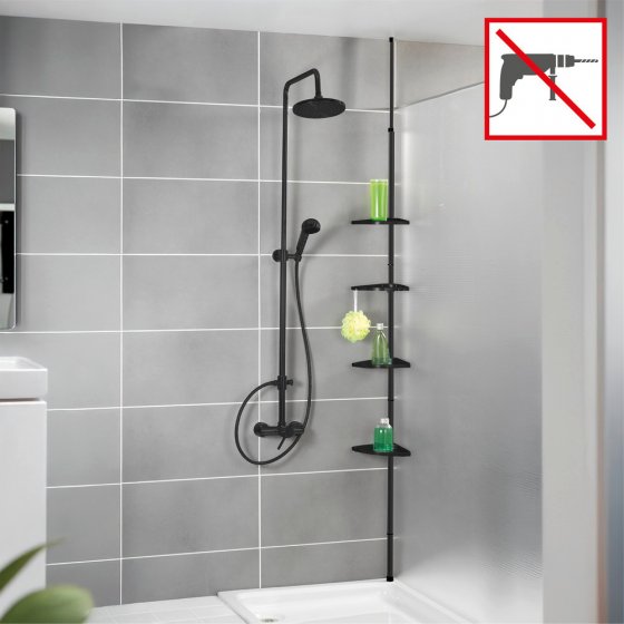 Duschecke Mod. Compact, schwarz, Aluminium, 26x78-275x19,5 cm, 4 Ablagen, 8 Haken, teleskopisch 