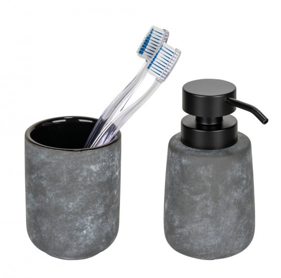 Bad-Accessoire Set Mod. Sacile, grau/schwarz, Keramik/Kunststoff, Ø 9 x 16 cm, für stilvolle Badezimmeroptik 
