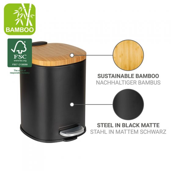 Kosmetikeimer Mod. Fianema, schwarz, 3L, Metall/Bambus, Easy-Close, mit herausnehmbarem Innenbehälter 