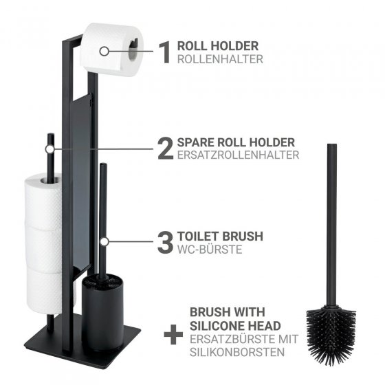 Stand WC-Garnitur Mod. Rivalta Schwarz mit Ersatzbürste, integrierter Toilettenpapierhalter und WC-Bürstenhalter 