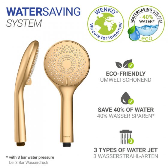 Duschkopf Watersaving Gold matt, Universal-Handbrause, Ø 11 cm, 3 Strahlarten 