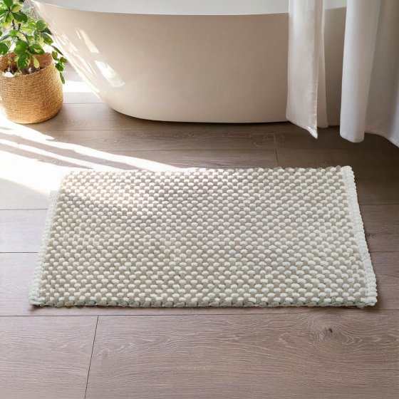 Badteppich Mod. Covelo, weiß-beige, Polyester, Baumwolle, 50x80 cm, rutschhemmend beschichtet, schnelltrocknend 