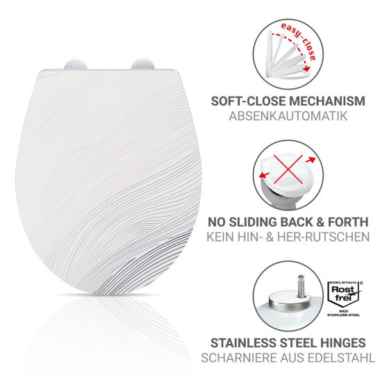 WC-Sitz Mod. Menin, mehrfarbig, Duroplast, Edelstahl, 38x44,5 cm, easy-close Absenkautomatik 