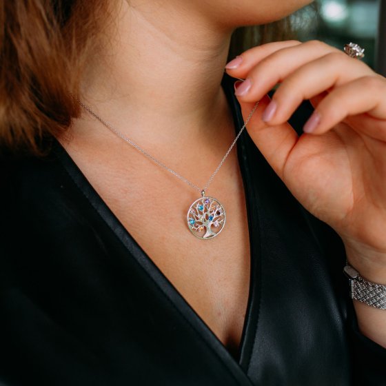 Anhänger mit Kette 925 Silber rhodiniert Lebensbaum Zirkonia bunt 