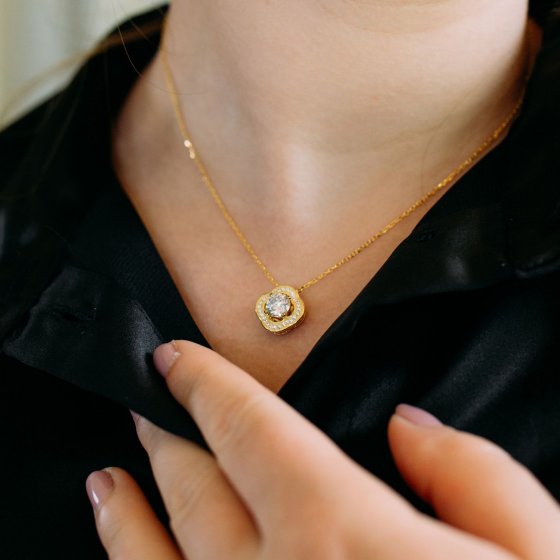 Anhänger mit Kette 925 Silber vergoldet Blüte Zirkonia weiß 