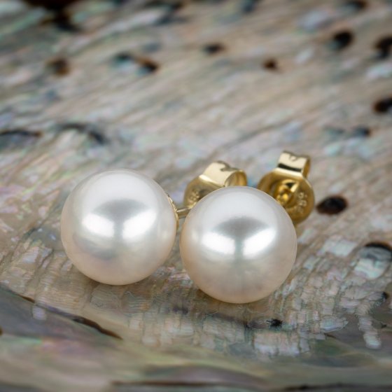 Ohrringe Gold 585 mit zwei weißen Perlen 9-9,5mm rund 