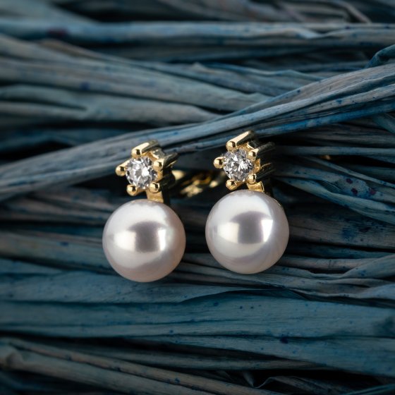 Ohrringe Gold 585 mit 2 echten Brillanten zus. 0,10ct. und weißen Perlen 5mm 