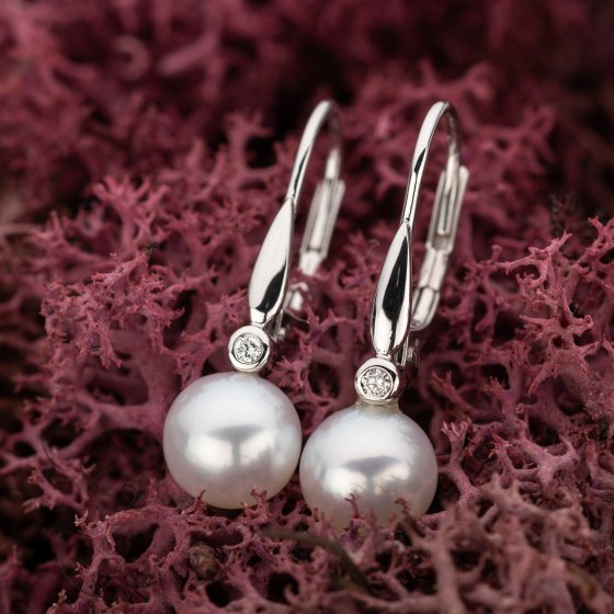 Ohrringe 585 Gold 2x Brillant 0,03ct. und Perle weiß 6,5-7mm 