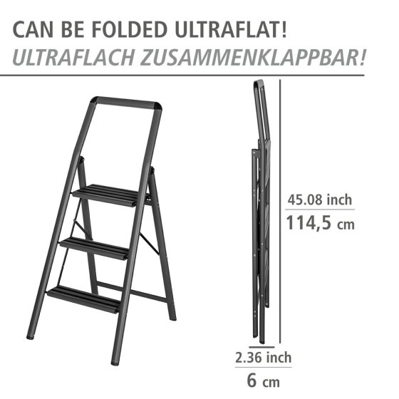 Alu-Klapptrittleiter Compact 3-stufig Schwarz, leichte & rutschfeste Haushaltsleiter, Sicherheits-Stehleiter 