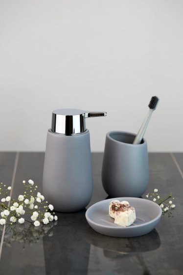Waschtisch-Set Mod. Badi Grau, 2-tlg., 1 Zahnputzbecher, 1 Seifenspender 