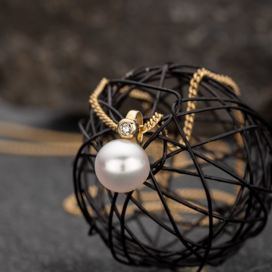 Halskette 585 Gold mit Brillant 0,03ct. + Perle weiß 7-7,5mm 