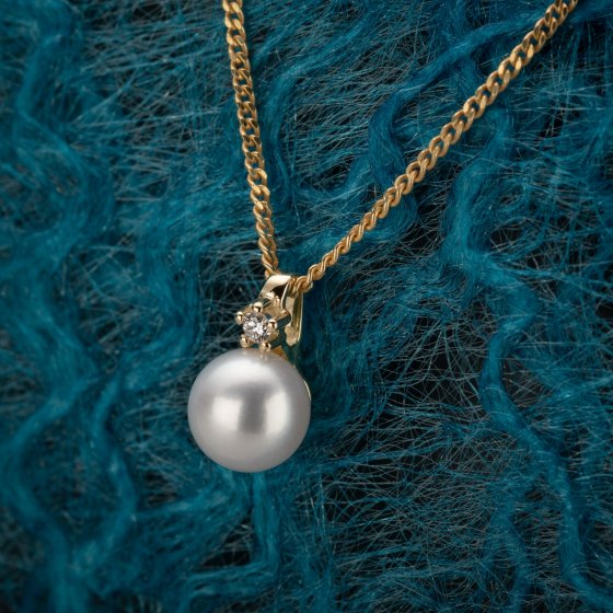 Halskette 585 Gold mit Brillant 0,03ct. + Perle weiß 6,5-7mm 