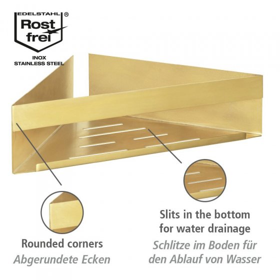 Turbo-Loc® Eckablage Mod. Genova Gold Matt, befestigen ohne Bohren mit Spezial-Klebepad 