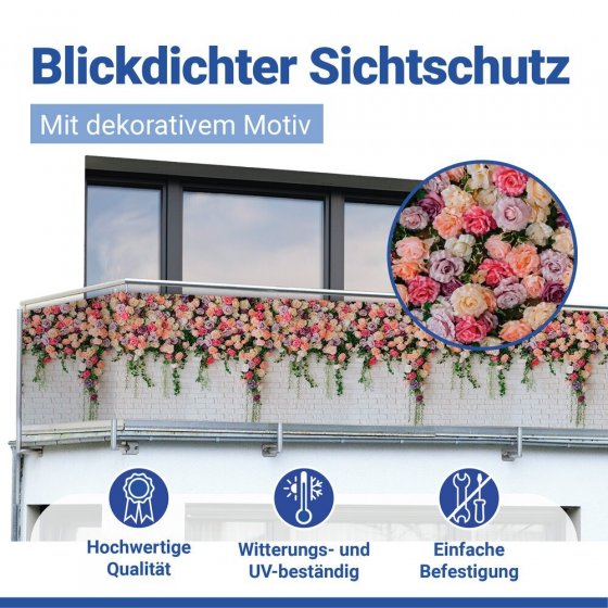 Balkon-Sichtschutz Mod. Rosen, 5 m, UV- und witterungsbeständig 