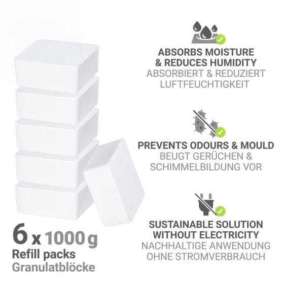 Raumentfeuchter Mod. Cube Nachfüller 1000 g, 6er Set, Luftentfeuchter Nachfüllpack 