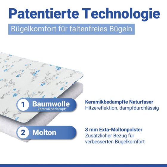 Bügelbrettbezug Mod. Keramik M, Floral, passend bis 131 x 45 cm, bis zu 70 % Zeitersparnis 