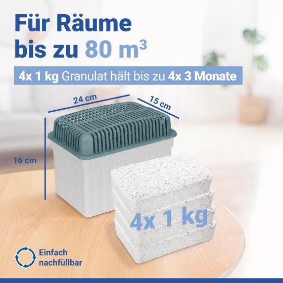 Luftentfeuchter 1 kg Grau, inkl. 3 Nachfüller, für Räume bis 80 m³ 