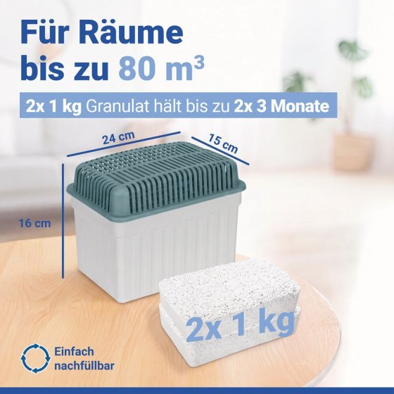 Luftentfeuchter 1 kg Grau, inkl. 1 Nachfüller, für Räume bis 80 m³ 