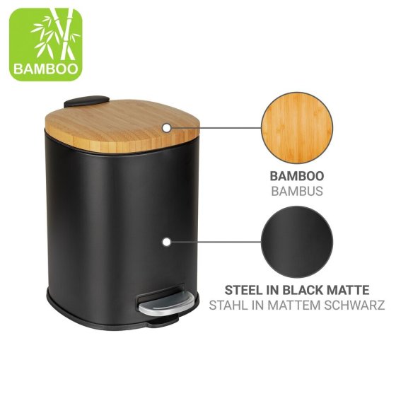 Kosmetikeimer Mod. Fianema, schwarz, 3L, Metall/Bambus, Easy-Close, mit herausnehmbarem Innenbehälter 