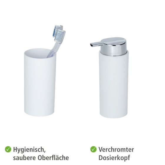 Bad Accessoire Set Mod. Calvo weiß matt, 4 tlg., Seifenspender, Zahnputzbecher, Toilettenbürste & Kosmetikeimer 