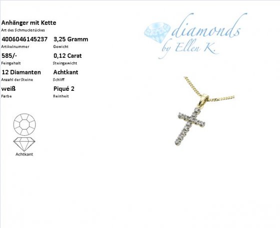 Halskette Gold 585 Kreuz mit 12x Diamant zus. 0,12ct. 