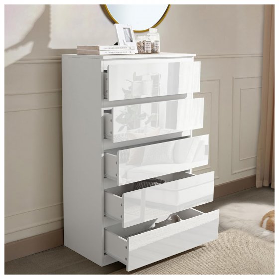 Kommode Kenji 5 Schubladen Hochglanz Weiß 