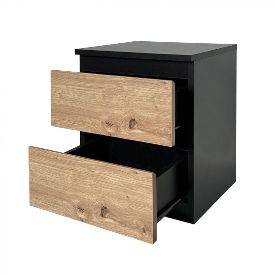 Nachtkommode mit 2 grifflosen Schubladen Thekla Schwarz-Artisaneiche 