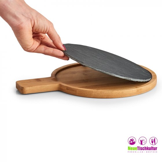 Schneide-und Servierbrett mit Griff Holz, Schiefer 