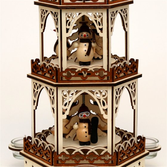 Holz Teelichtpyramide 3 Etagen Schneemänner 