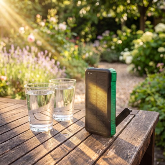 Kurbel- und Solar-Ladegerät mit integrierten Kabeln 
