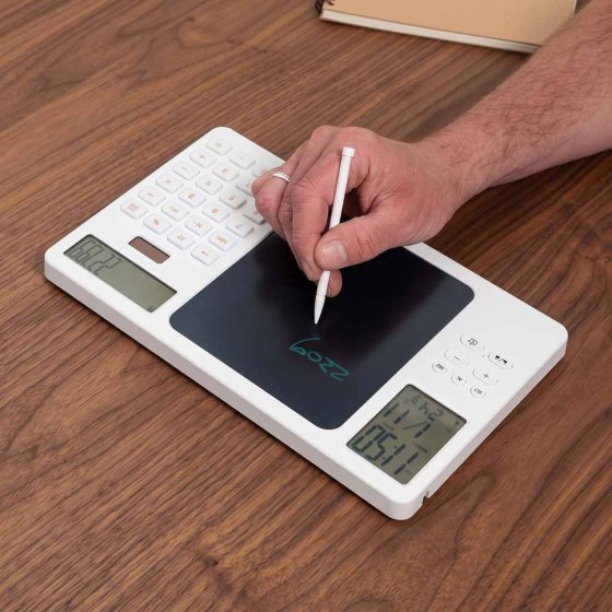Elektronische Schreibtafel mit Taschenrechner und Uhr 