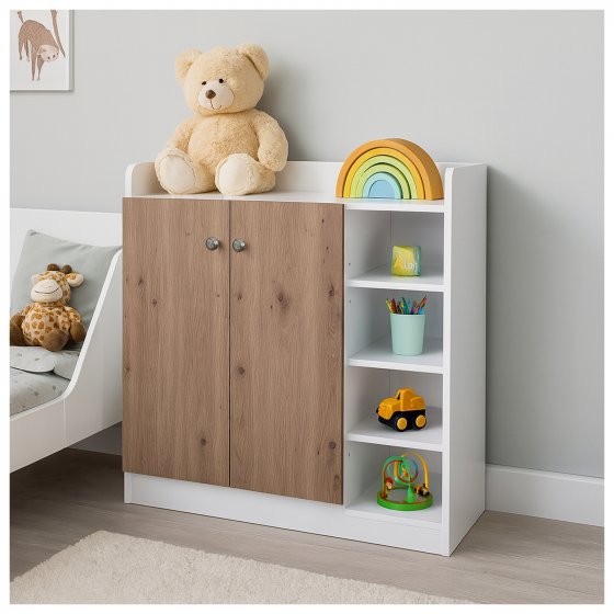 Sideboard mit 8 Regalfächern Weiß-Artisaneiche 