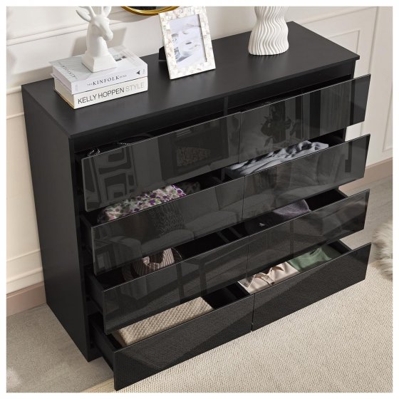 Sideboard Kenji 8 Schubladen Hochglanz Schwarz