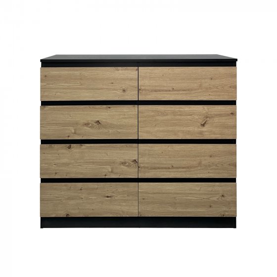Moderne Kommode mit 8 grifflosen Schubladen Schwarz-Artisaneiche 