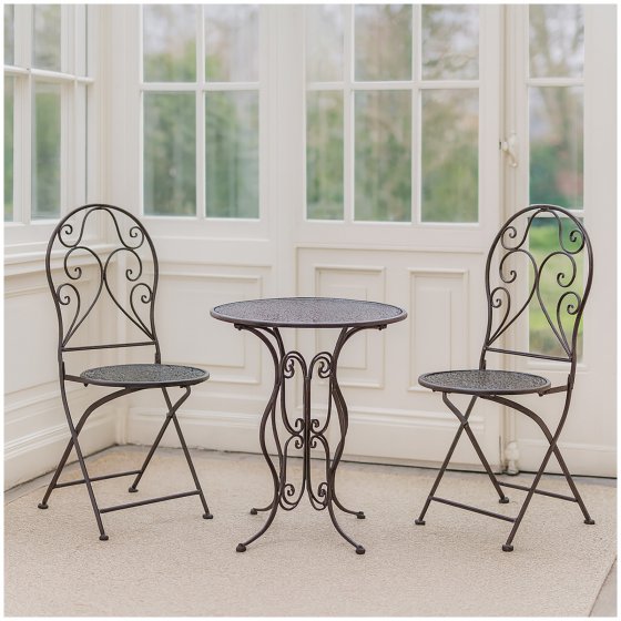 Bistroset aus Metall 3-teilig, detailreich verzier Klapptisch Ø 60 cm und 2 Klappstühle 