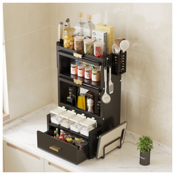 Gewürzregal mit Türen und Schublade Metall Schwarz 