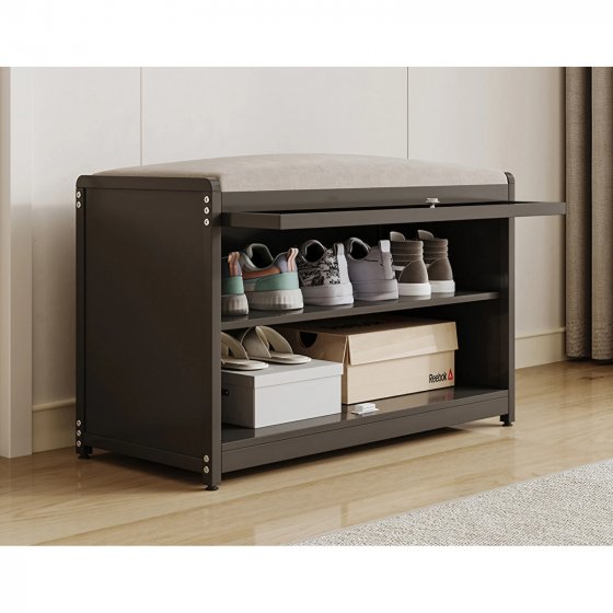 Schuhschrank mit Schiebetür und Sitzkissen Grau 