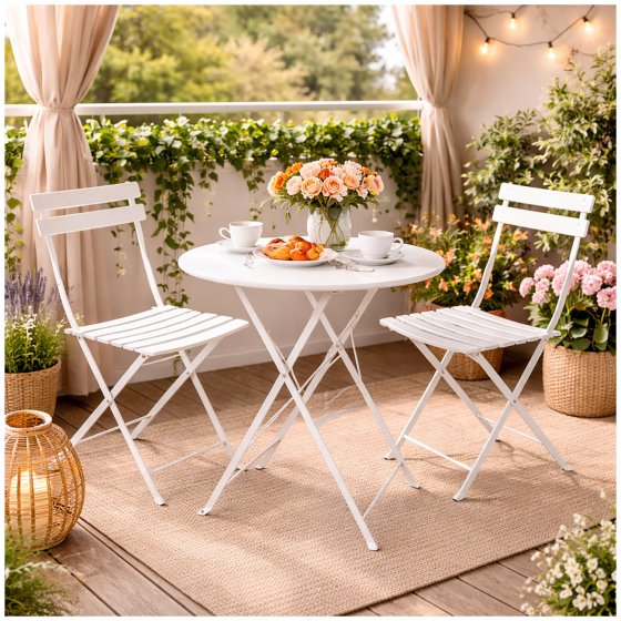 Bistro Sitzgruppe Metall creme klappbar Tisch mit 2 Stühlen Balkon Set 