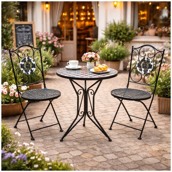 Bistro Sitzgruppe Metall schwarz Tisch mit 2 Stühlen Balkon Set mit Motiv Black and White 