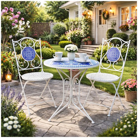 Bistro Sitzgruppe Metall Creme Tisch mit 2 Stühlen Balkon Set mit Motiv Santorin 