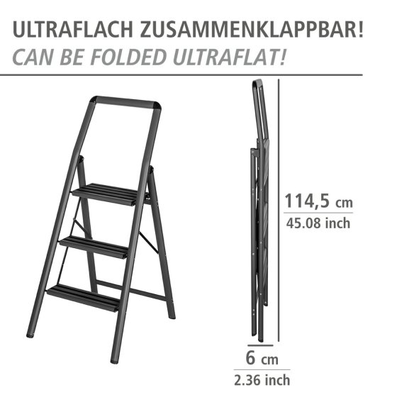 Alu-Klapptrittleiter Compact 3-stufig Dunkelgrau, leichte & rutschfeste Haushaltsleiter 