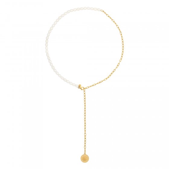 Collier 925 Silber vergoldet Y-Kette Perlen Münze Sonne Mond 