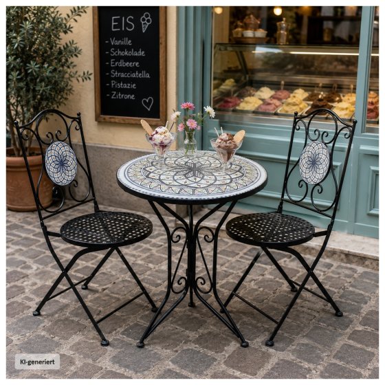Bistro Sitzgruppe Metall schwarz Tisch mit 2 Stühlen Balkon Set mit Motiv 