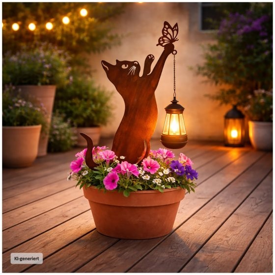 Gartenstecker Katze mit Lampe Metall Rostoptik Gartendeko mit Laterne 